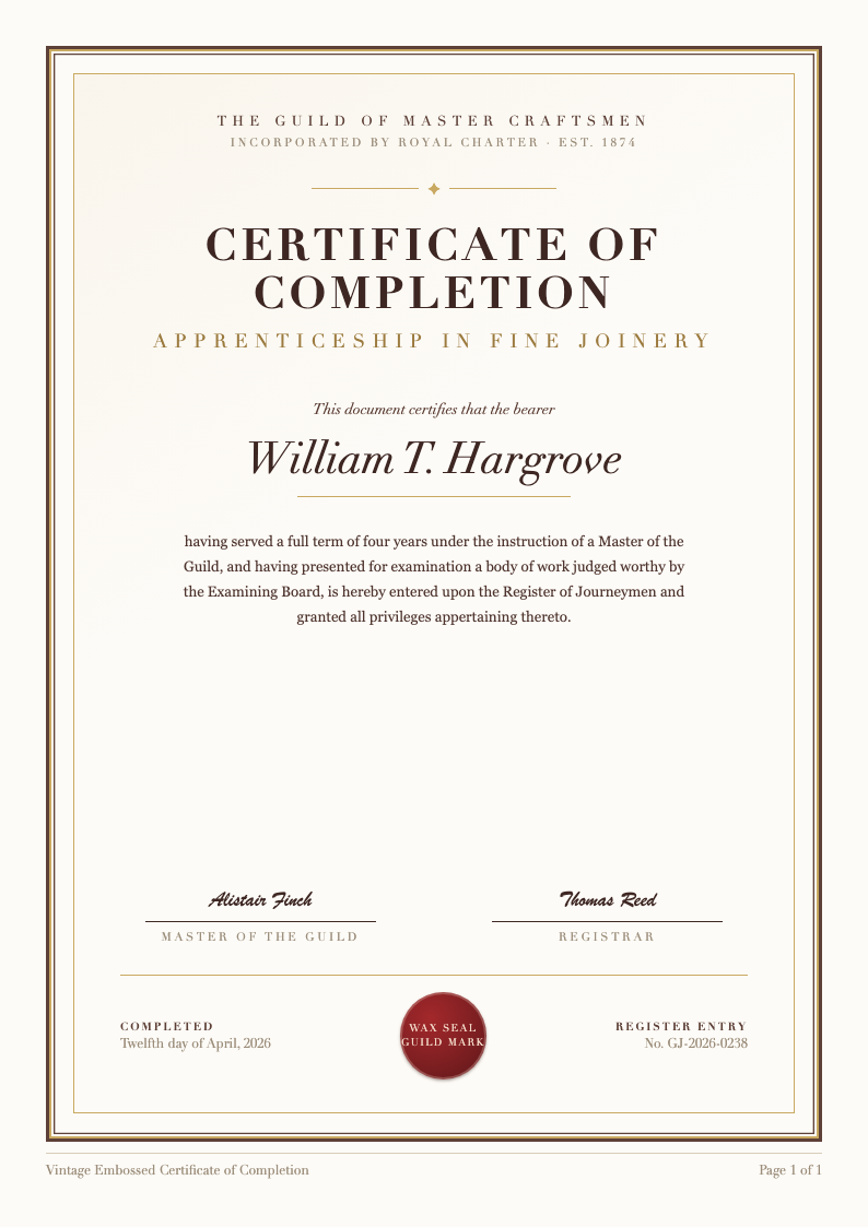 Vintage embossed certificate